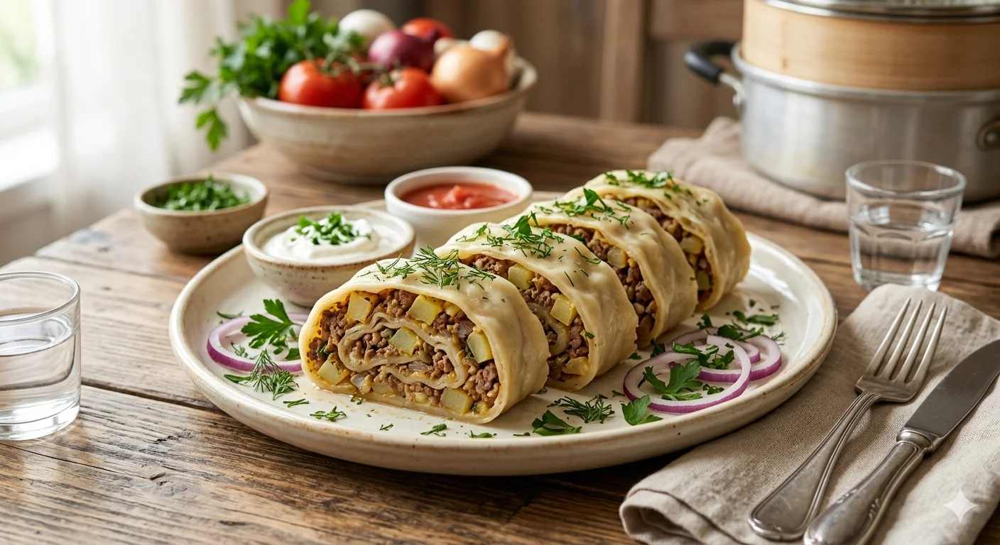 Ханум с мясом и картошкой — сытный рулет из теста на пару за копейки