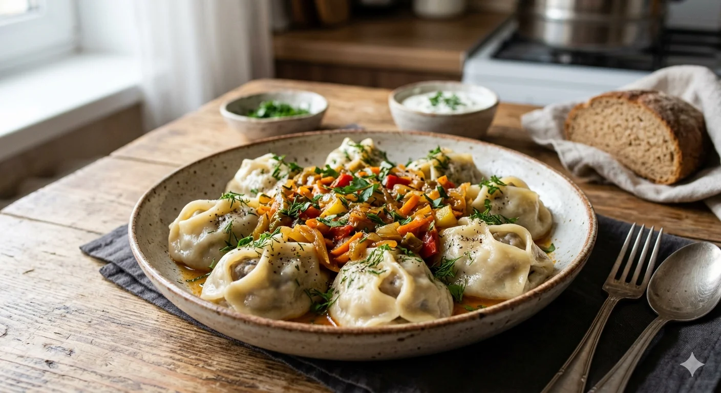 Манты с мясом и картошкой на пару с овощной подливой — сытный рецепт на каждый день