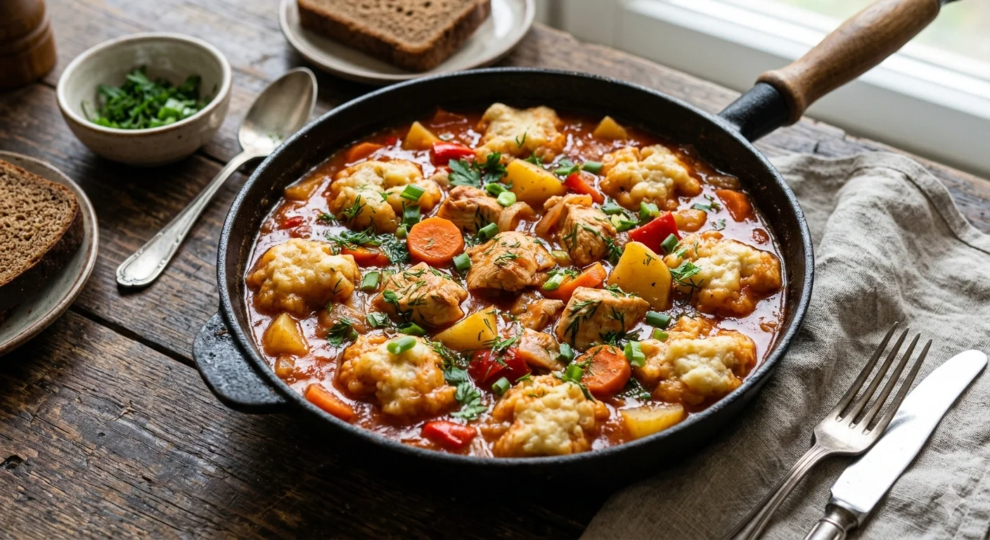 Курица тушёная с домашним тестом и овощами в томатной подливе — сытный рецепт на каждый день