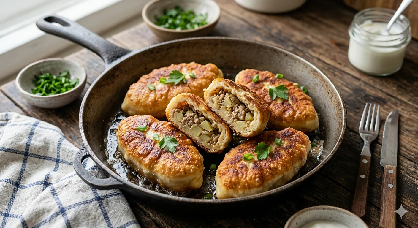 Жареные пирожки с мясом и картошкой на сковороде — бюджетный рецепт из простых продуктов