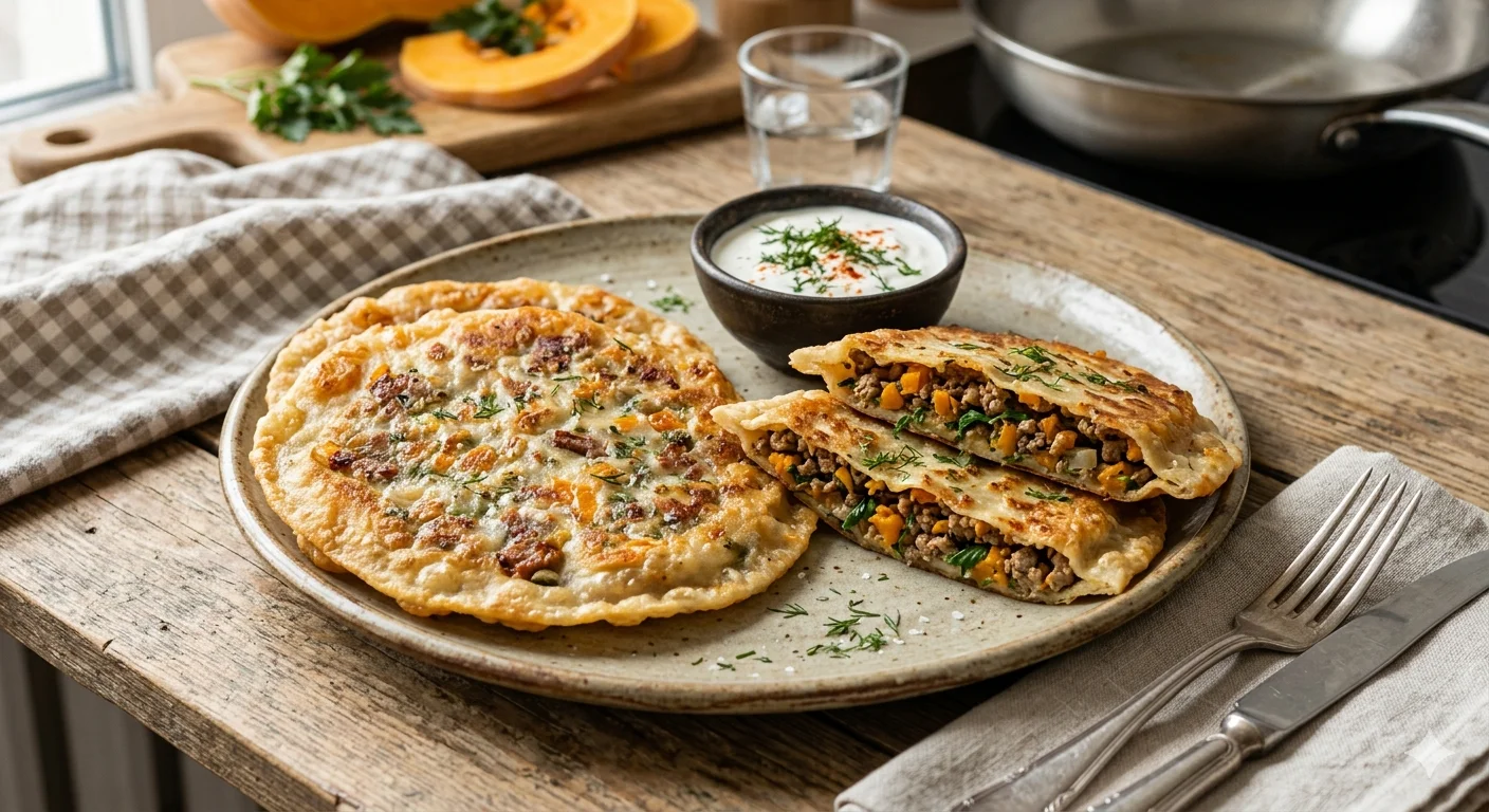 Лепёшки с тыквой и мясом на сковороде — дёшево, быстро и до невозможности вкусно