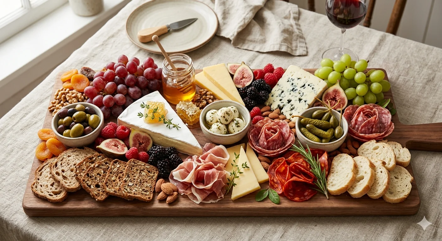 Праздничная нарезка на доске: как собрать красивую закусочную тарелку за 20 минут