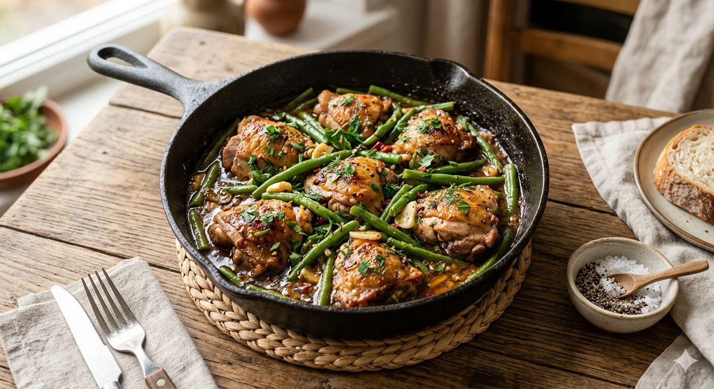 Стручковая фасоль с курицей на сковороде — сочная, ароматная и за полчаса