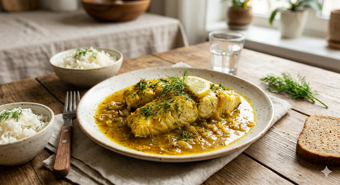 Тушёный толстолобик в луковом соусе со специями — нежное филе, которое тает во рту