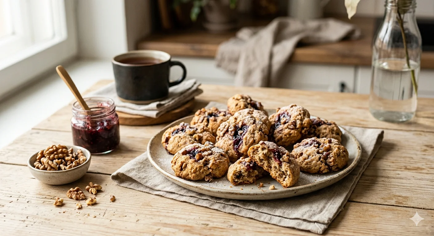 Постное печенье на варенье с грецкими орехами: без яиц, масла и молока