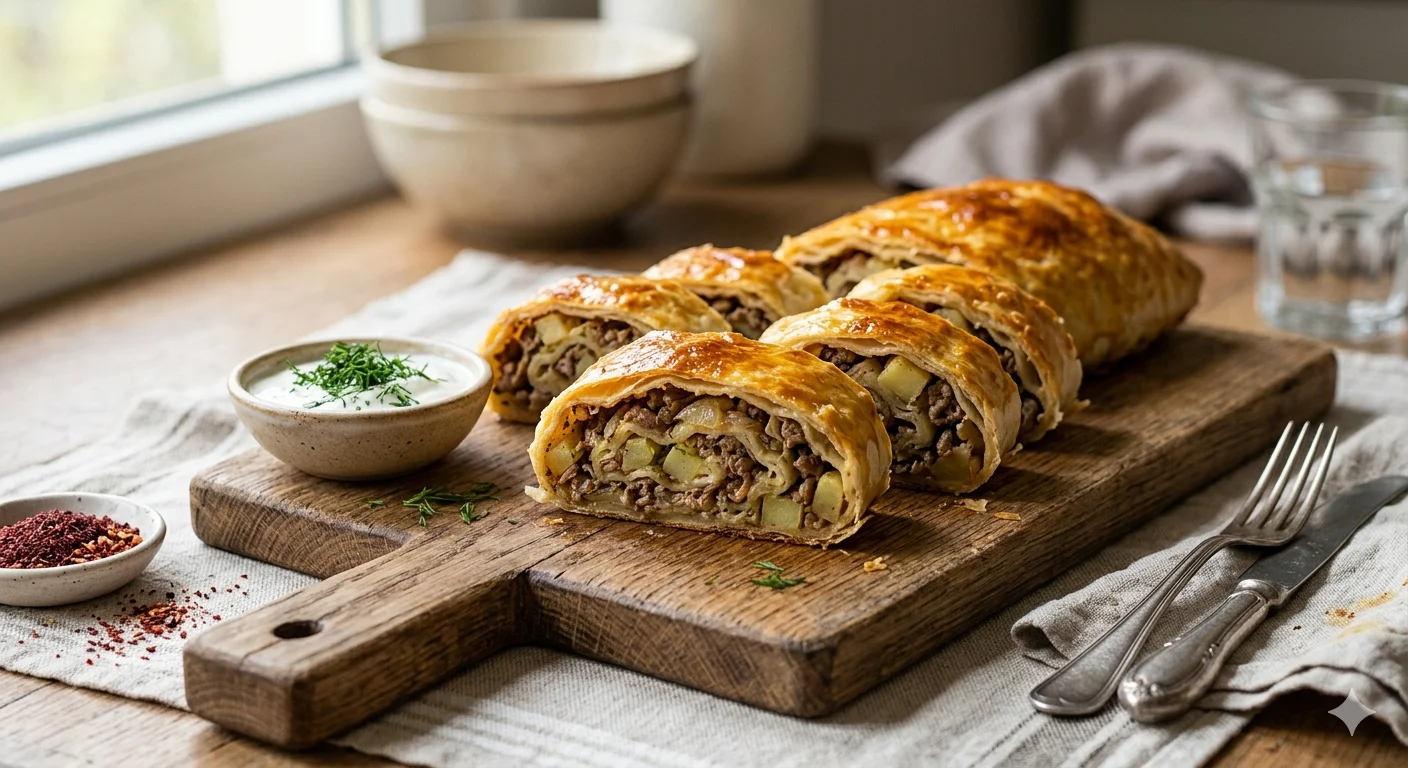 Узбекский ханум в духовке — рулет с мясом и картошкой на молочном тесте