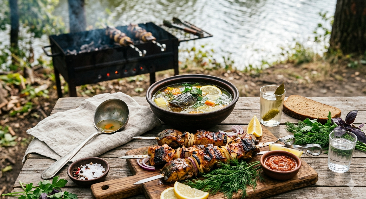 Сочный шашлык из сома на мангале и домашняя рыбная уха