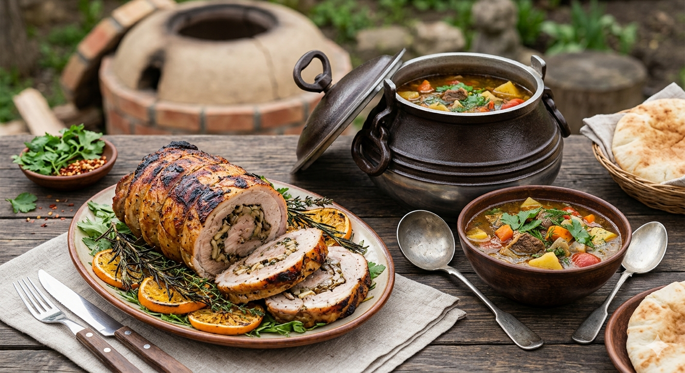 Мясной рулет в тандыре с апельсиновым маринадом и наваристый суп в афганском казане