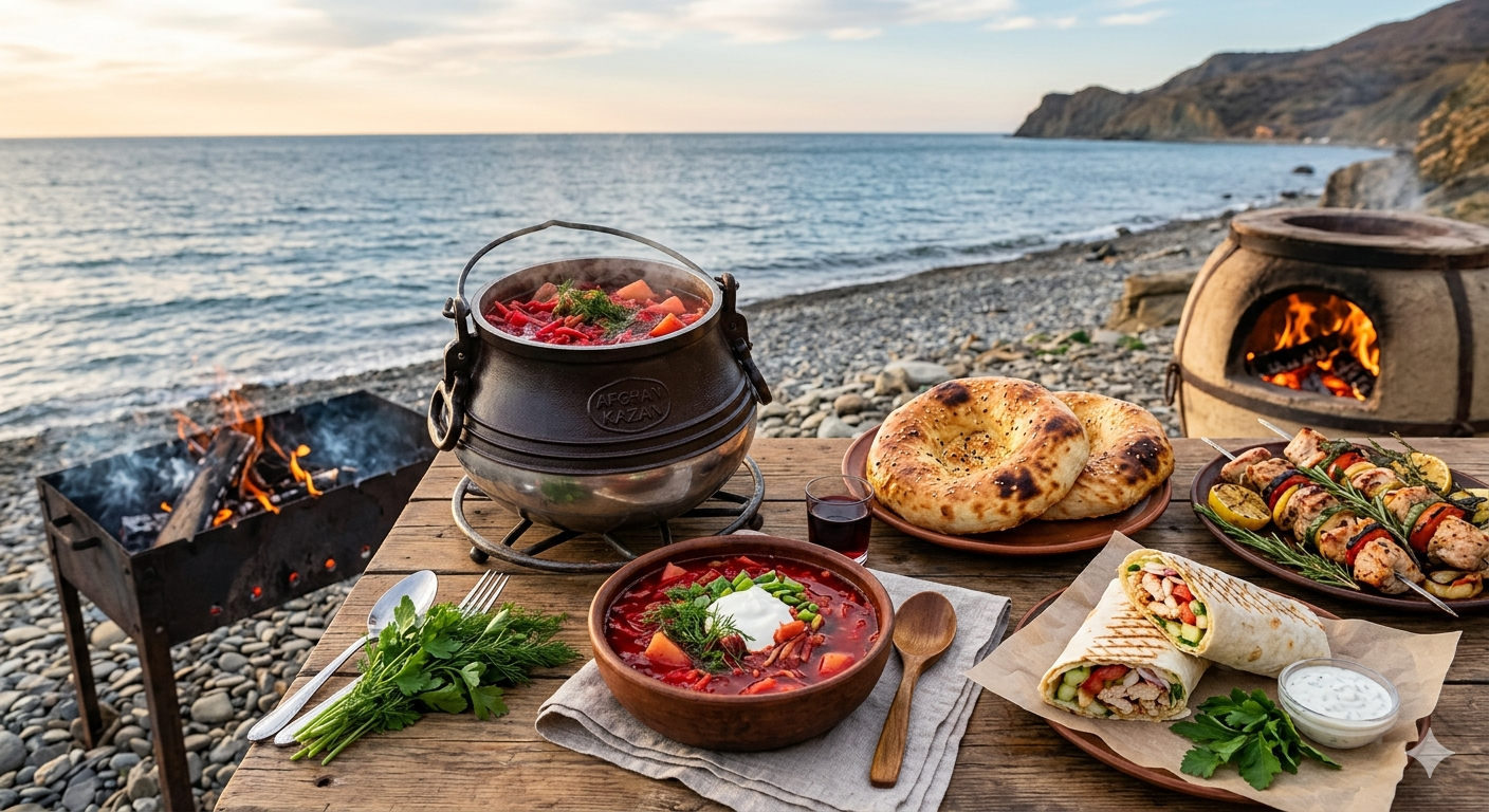 Борщ в афганском казане и хрустящие лепёшки из тандыра: готовим на огне у моря