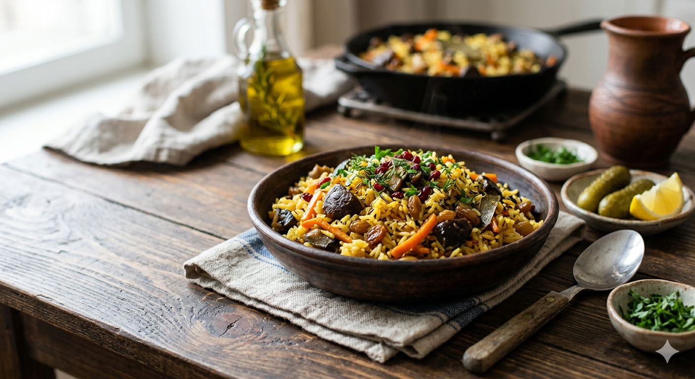 Постный плов с грибами — рассыпчатый, ароматный и без мяса