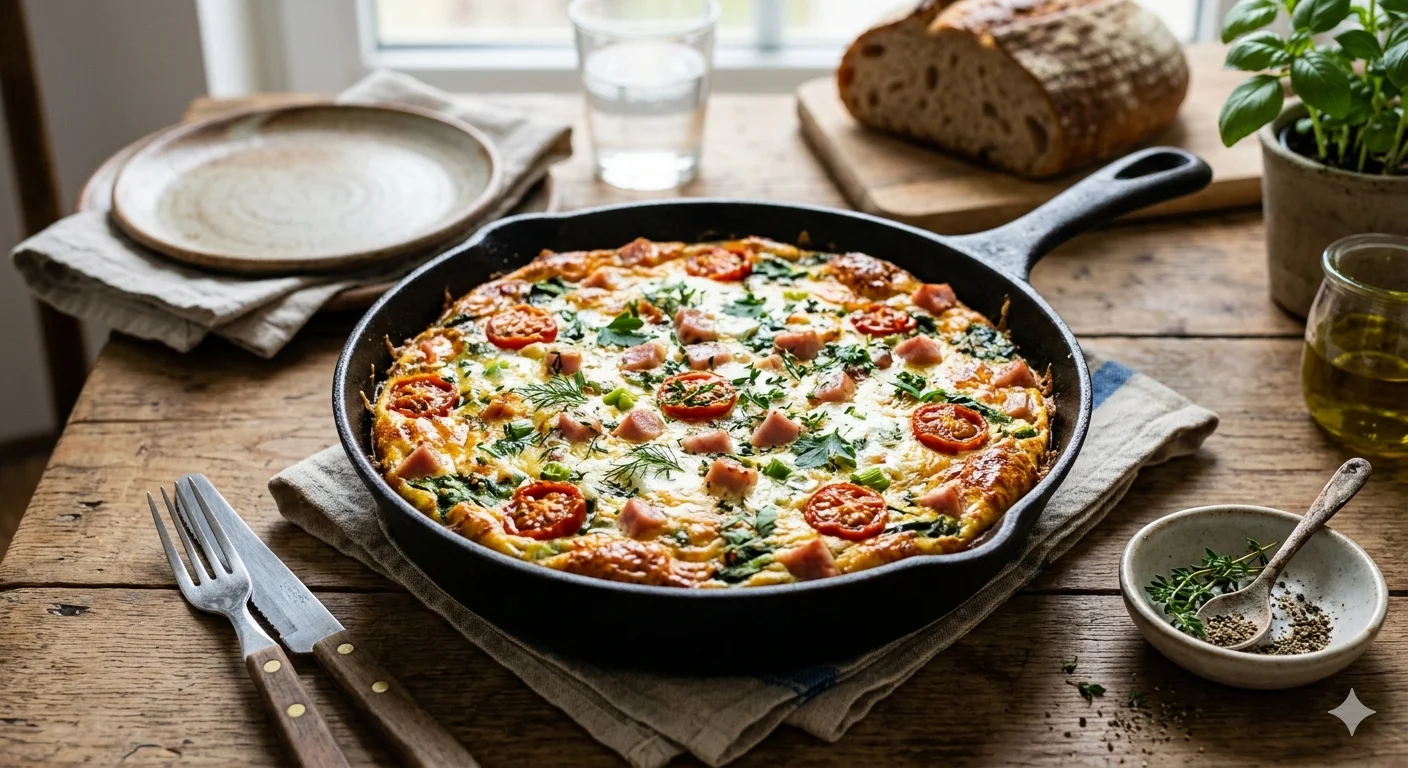 Сливочная фритата с ветчиной, черри и сыром