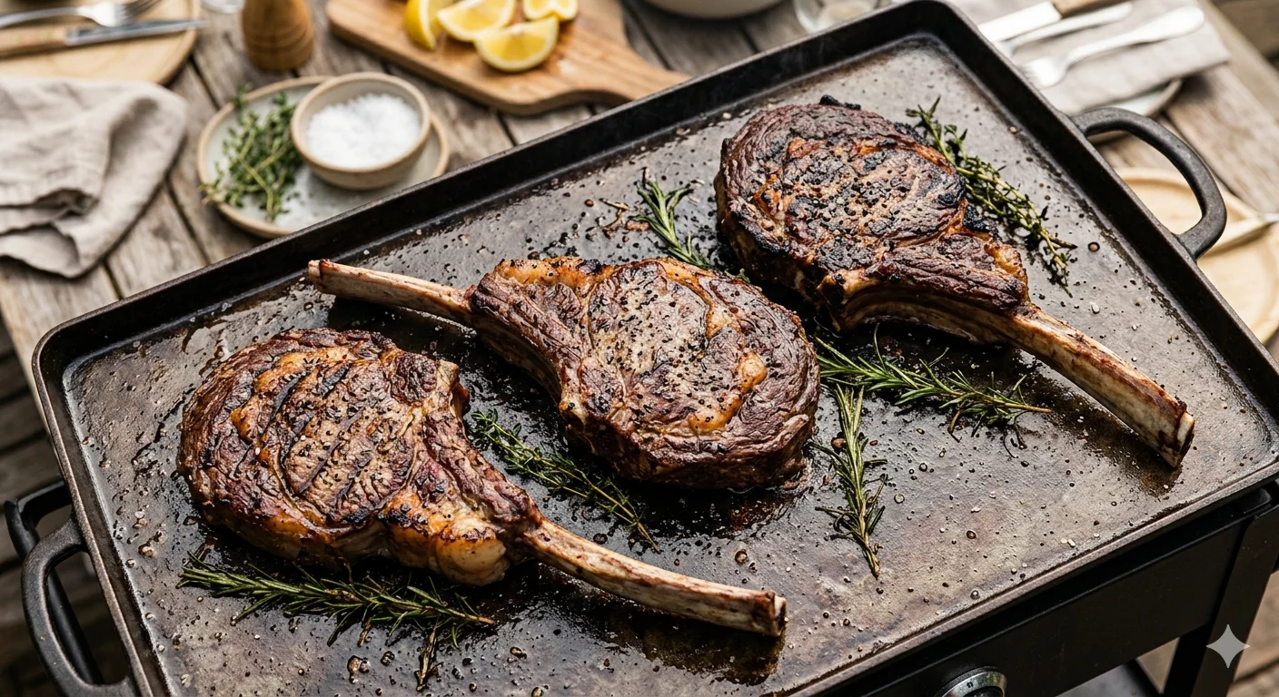 Стейки томагавк на плоском гриле